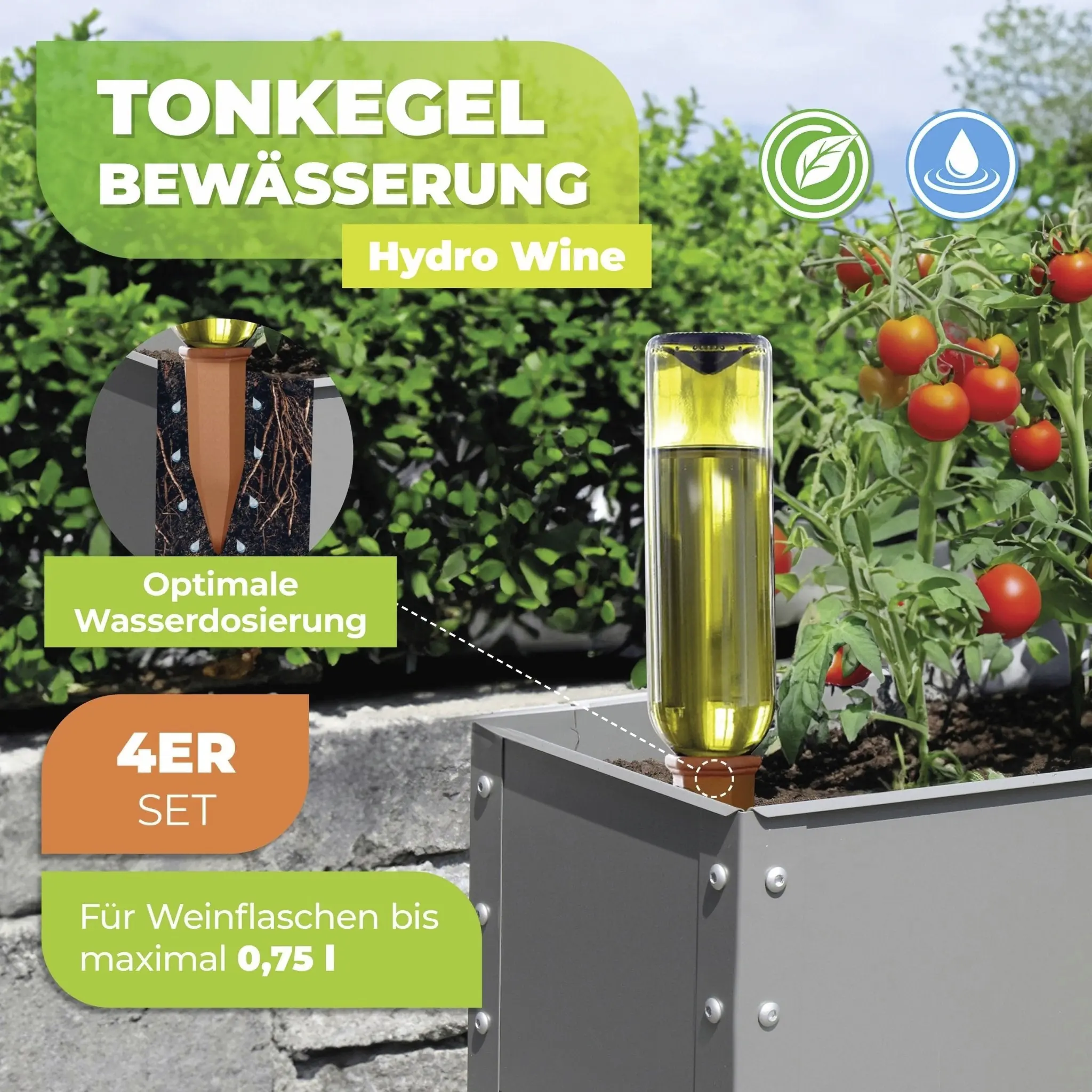 BioGreen Bewässerungskegel Hydro Wine für Wein- und PET-Flaschen 4 Stück