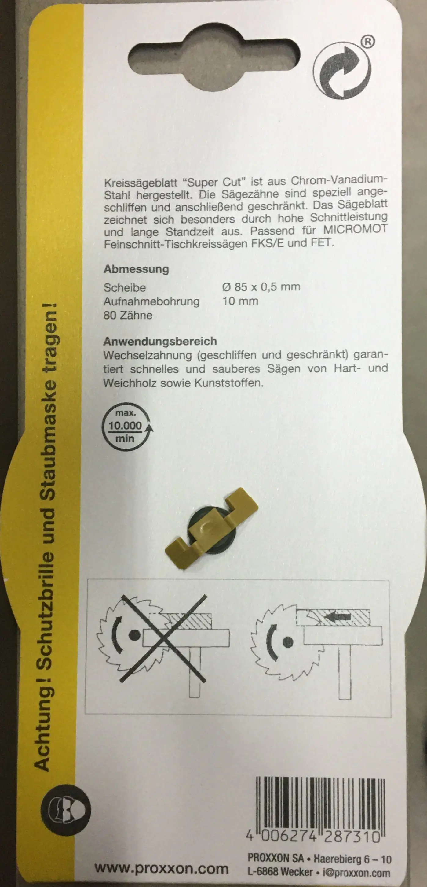 Proxxon Micromot Kreissägeblatt Super-Cut Ø 85 mm Bohrung Ø 10 mm