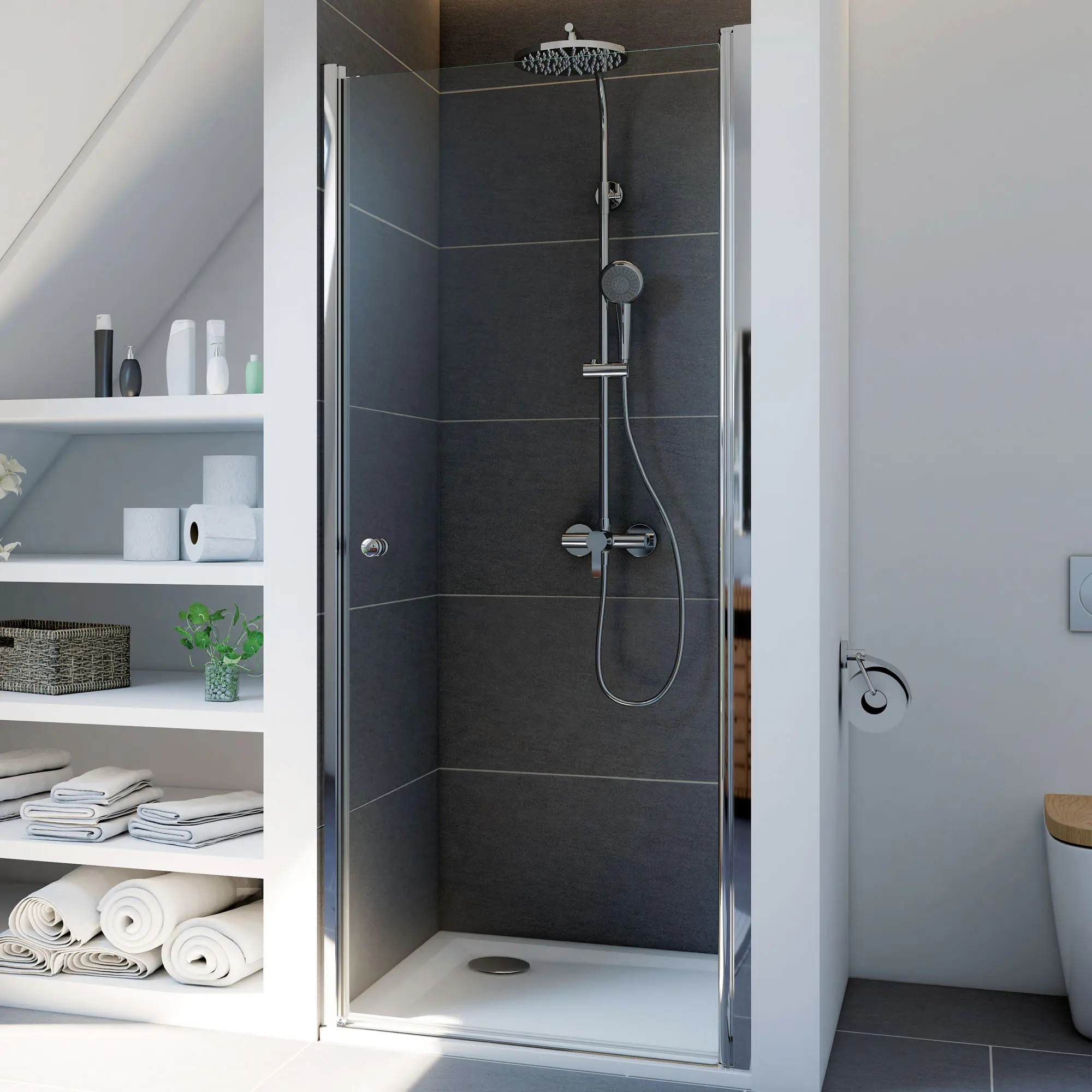 Breuer Elana 6 Drehtür f.Nische re 90 x 200 cm, Alu silber matt, Klarglas hell, Anschlag rechts