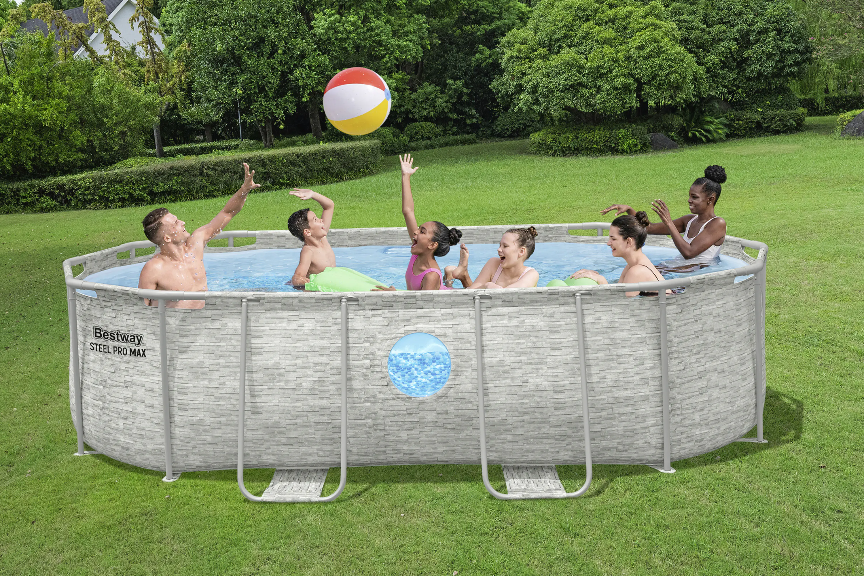 Bestway Steel Pro Max Splashview Frame Pool Komplett-Set oval 427 x 250 x 100 cm cremegraue Steinwand-Optik 