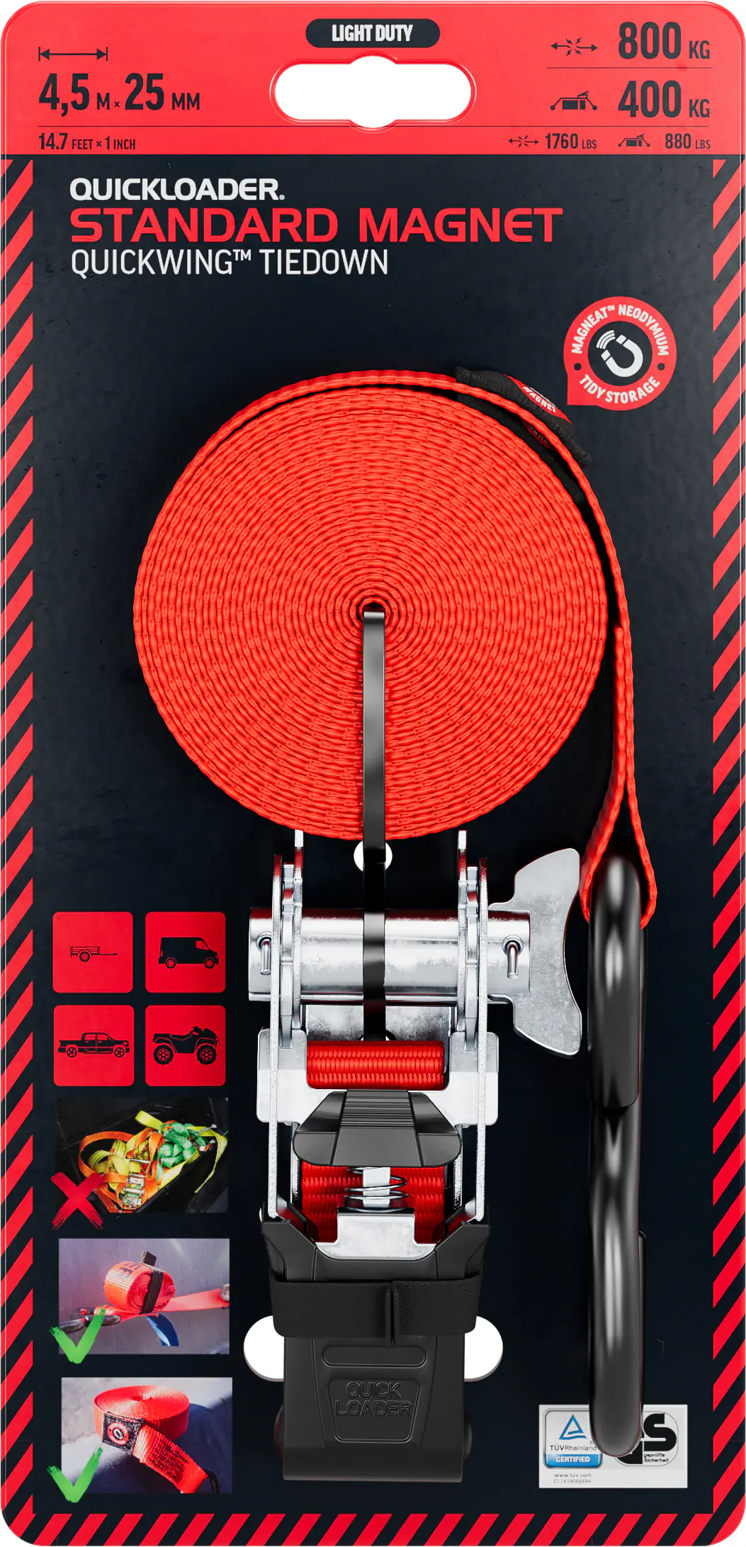 QUICKLOADER® Spanngurt mit Magnet 25 mm x 4,5 m 1 Stück rot 