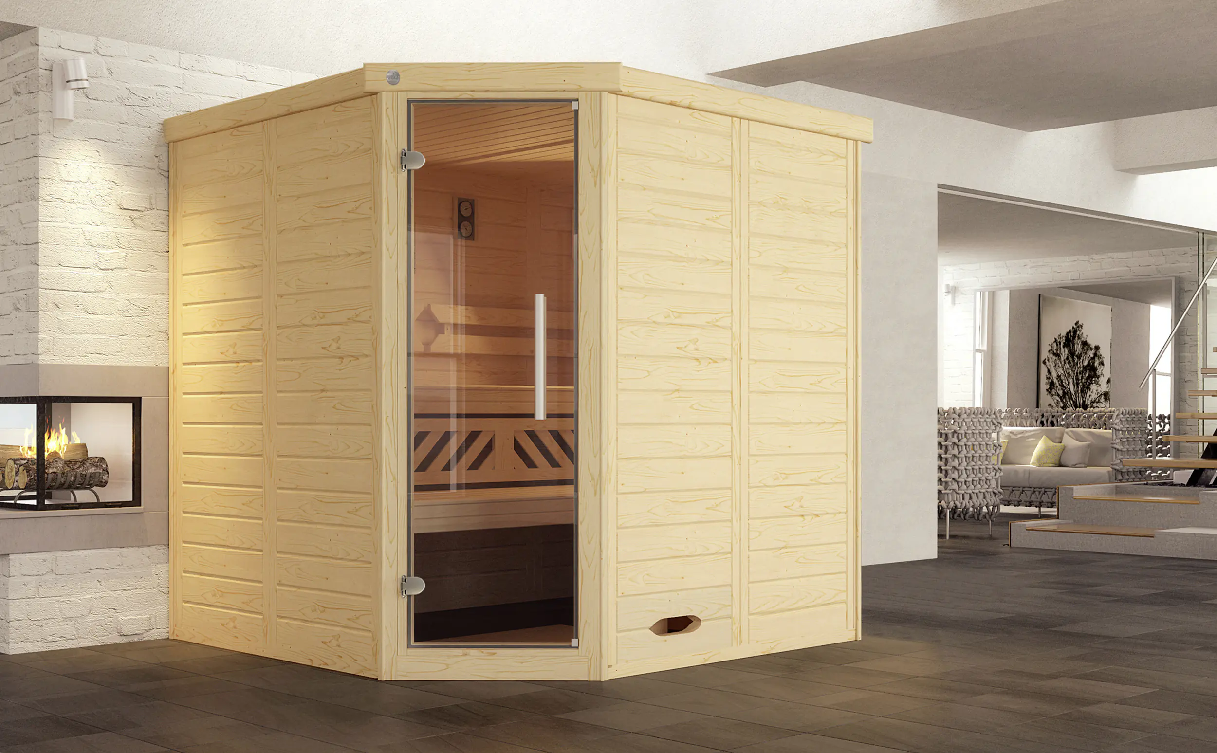 Weka Massivholz-Eck-Sauna Kemi Eck 2 mit Glastür Weka Massivholz-Eck-Sauna Kemi Eck 2 mit Glastür