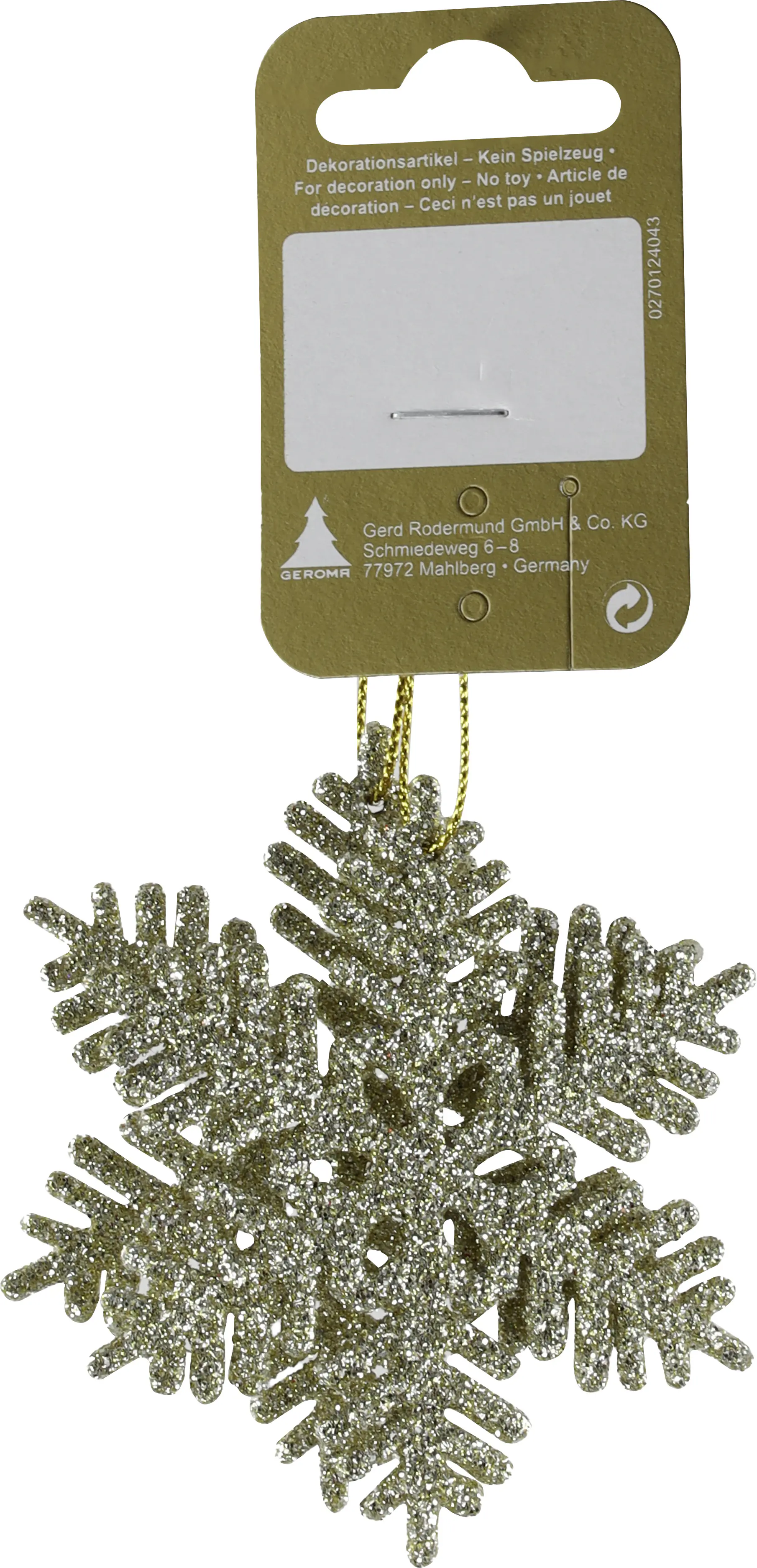 Weihnachtsanhänger Schneeflocke aus Kunststoff 7,5 cm champagner mit Glitter - 2 Stück