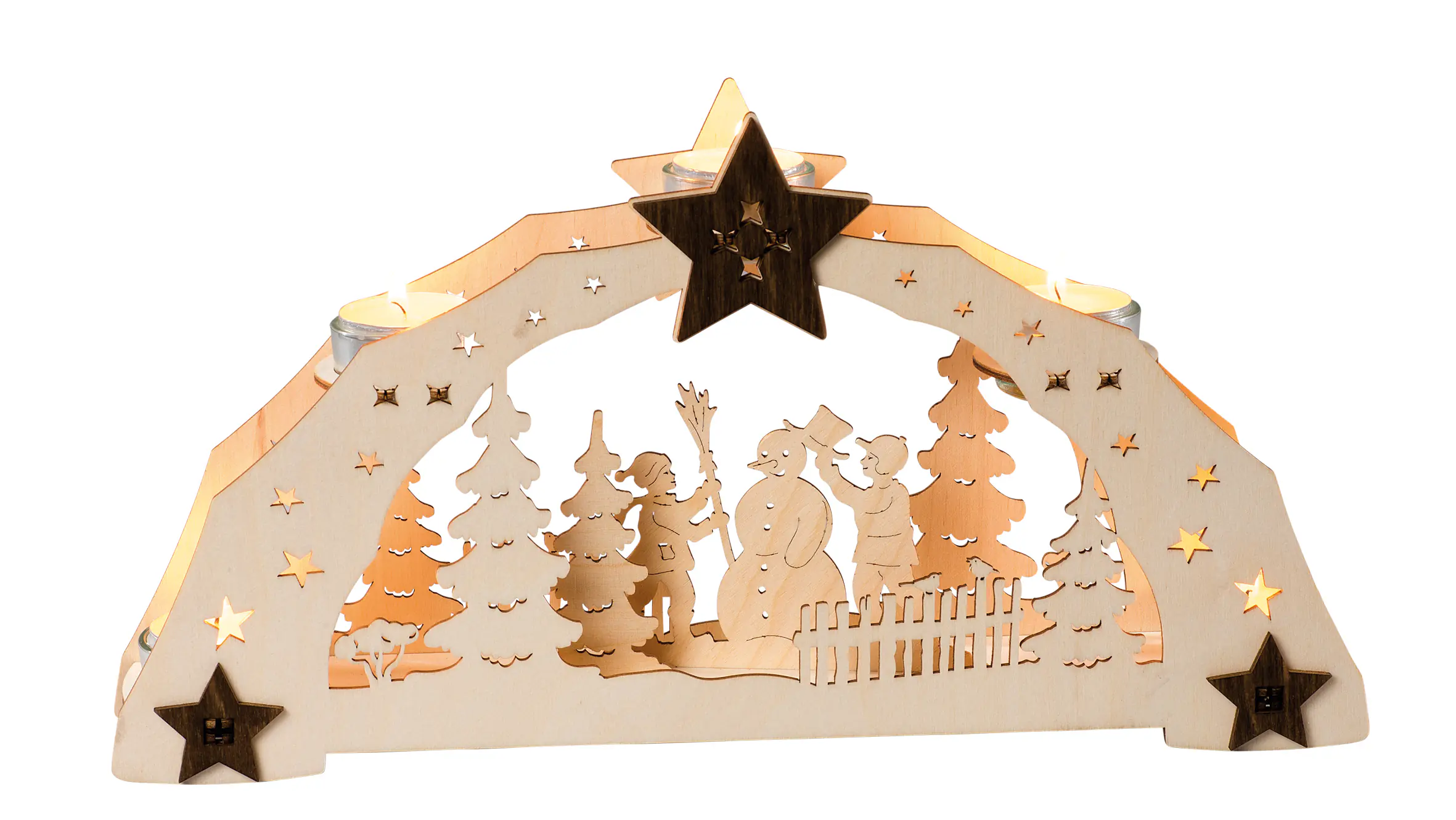 Saico Schwibbogen Kinder mit Schneemann & 5 Teelichthalter 38 x 20 cm natur
