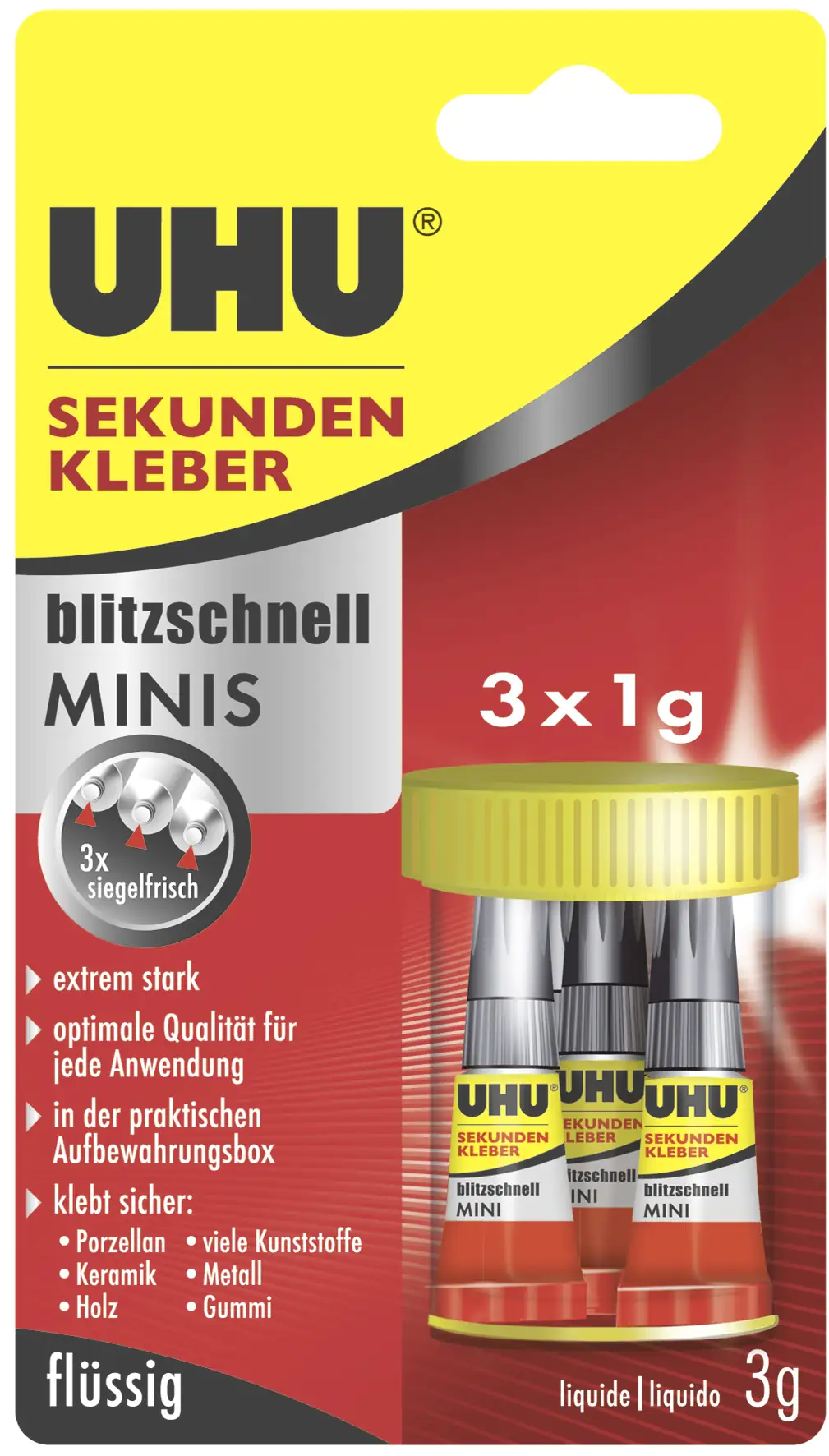 UHU Sekundenkleber blitzschnell Minis 3 g (3 x 1 g), flüssig, in der praktischen Box