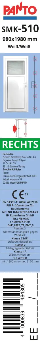 Panto Nebeneingangstür Kunststoff Premium SMK510 98 x 198 cm DIN R weiß Panto Nebeneingangstür Kunststoff Premium SMK510 98 x 198 cm DIN R weiß