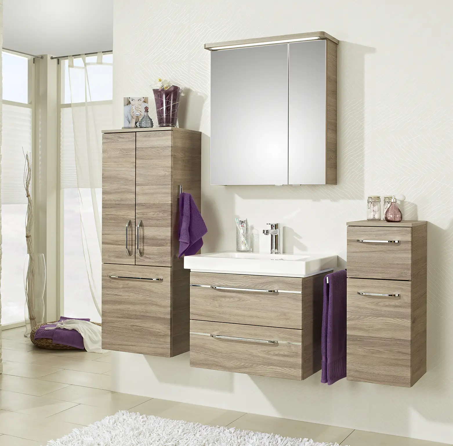 Pelipal Badmöbel-Set Balto Sanremo Eiche mit Unterschrank und Midischrank 141 cm