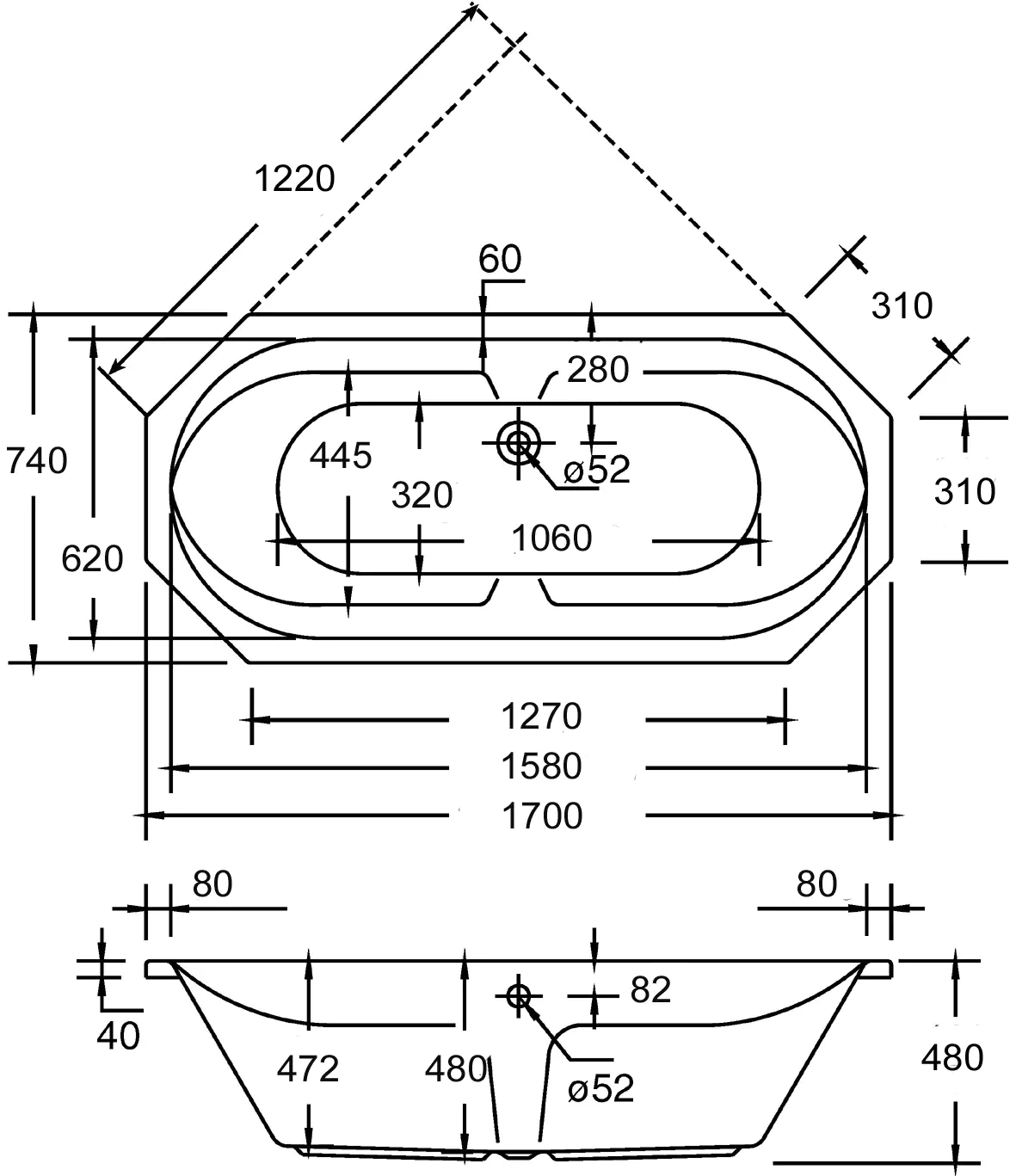 Ottofond Whirlpool-System 1 Sicilia 170 cm, weiß