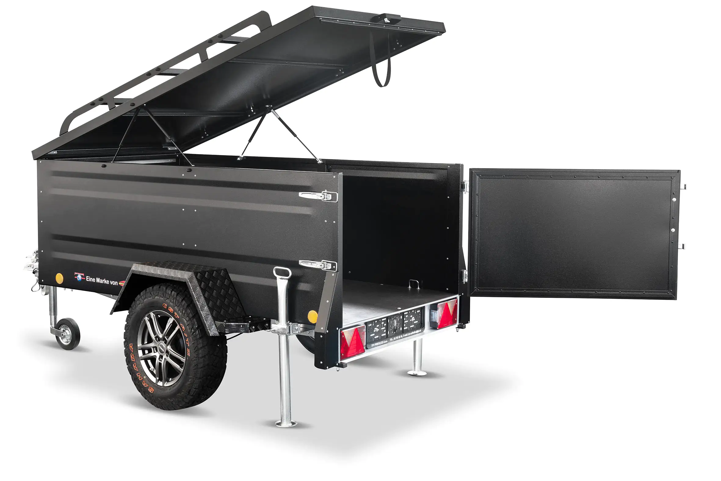 TPV Kofferanhänger KT-EB2 Offroad schwarz pulverbeschichtet gebremst 1000 kg mit Radstoßdämpfern
