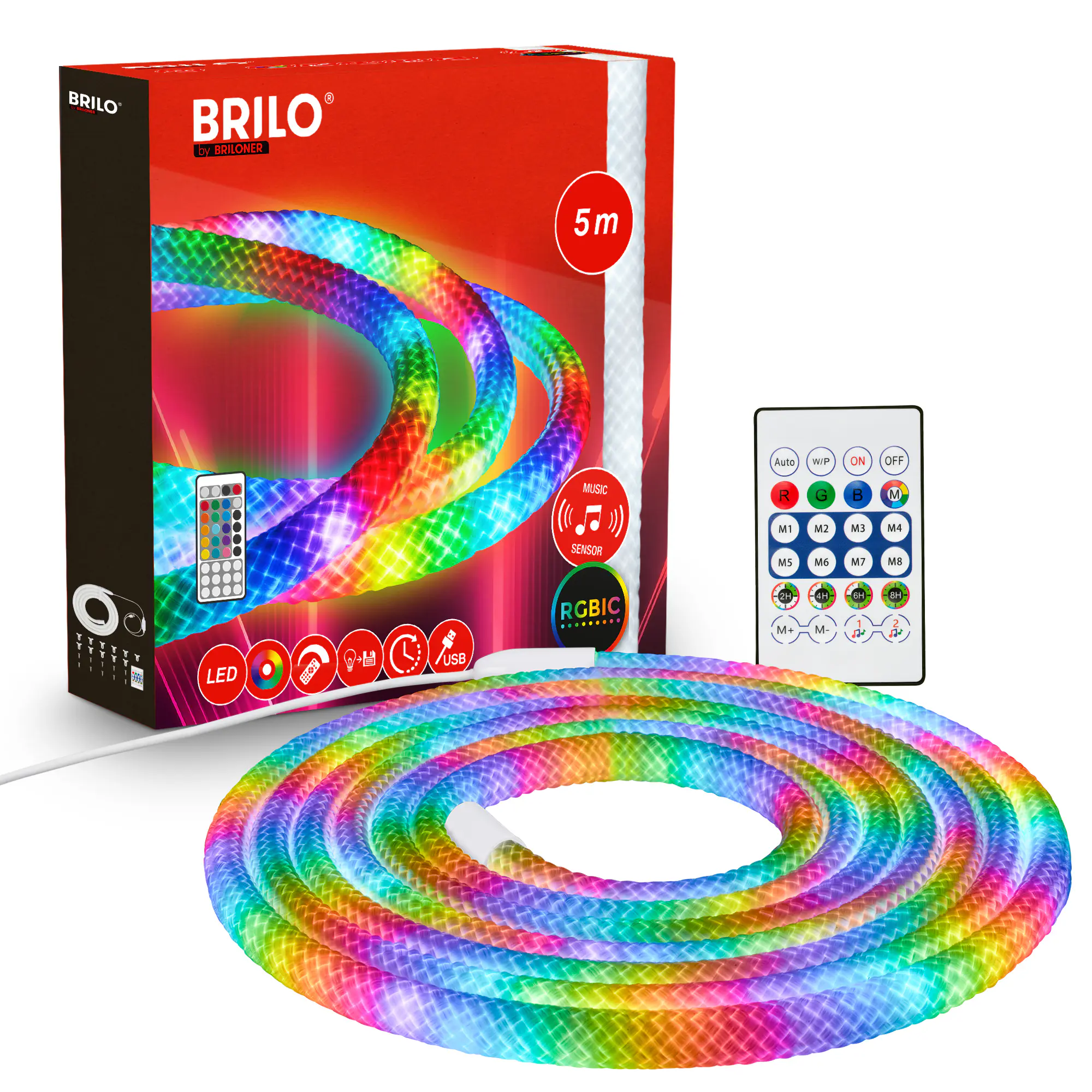 Briloner LED-Lichtschlauch RGBIC mit Musiksensor 5 m dimmbar weiß