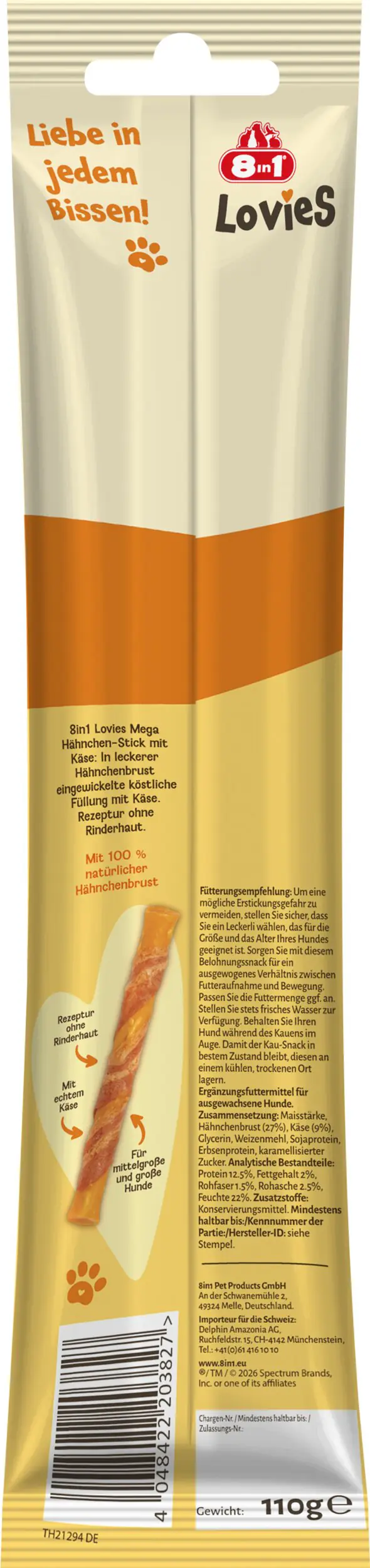 8in1 Hundeleckerli Lovies 110 g Hühnchen-Käsestick