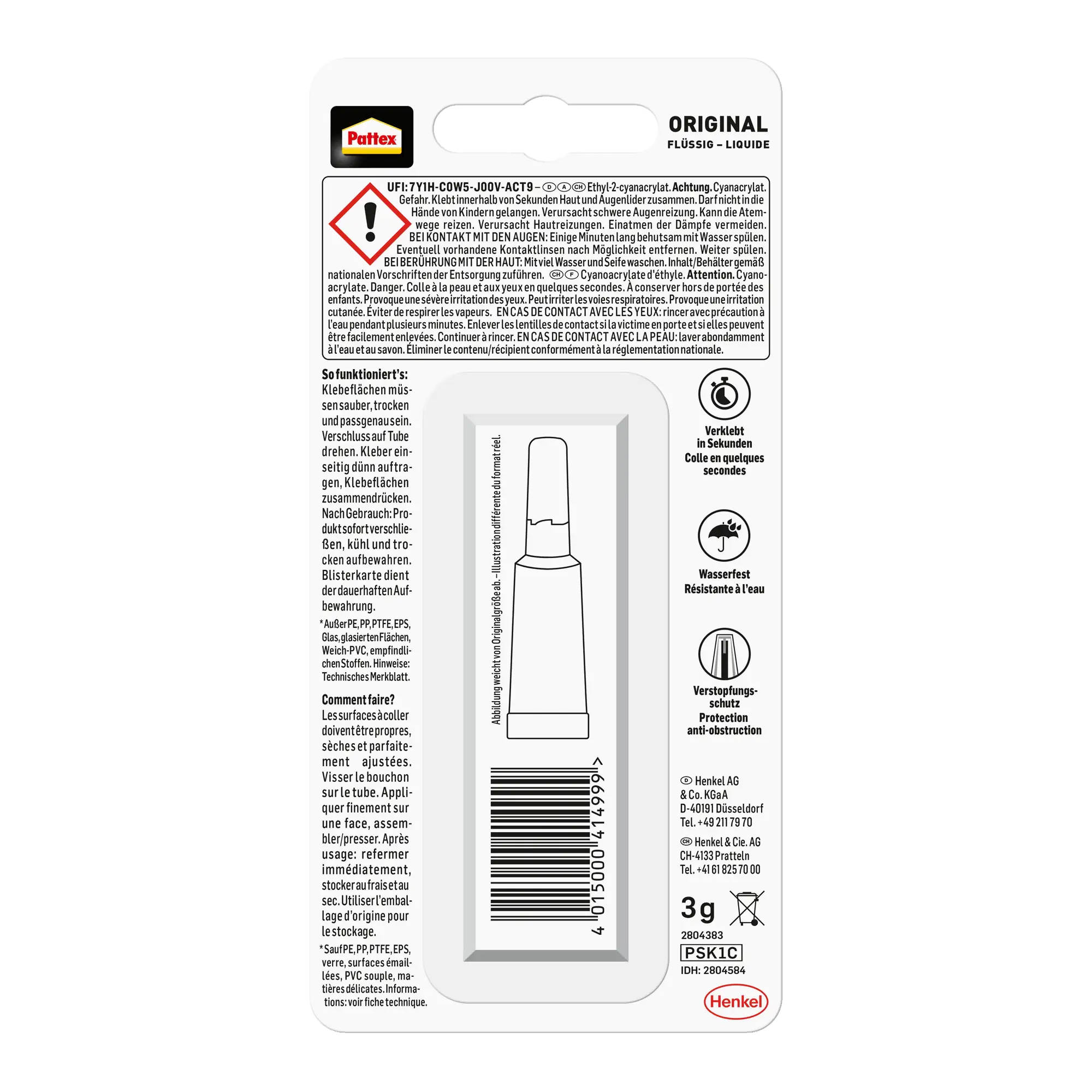 Pattex Sekundenkleber Flüssig 3 g Tube, trocknet transparent