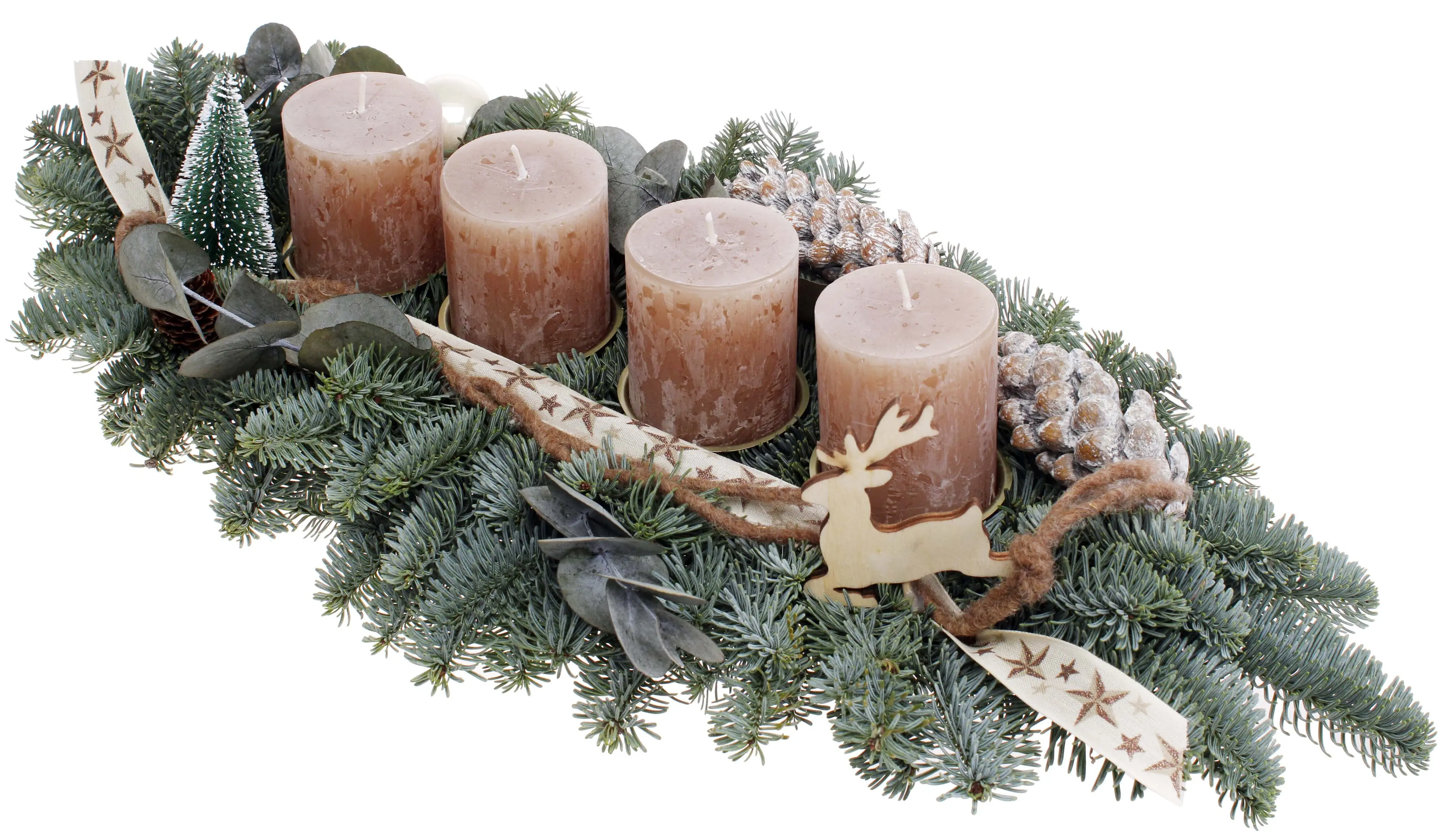 Adventsgesteck mit 4 erdnussbraunen Rustikkerzen L 50 x B 12 x H 25 