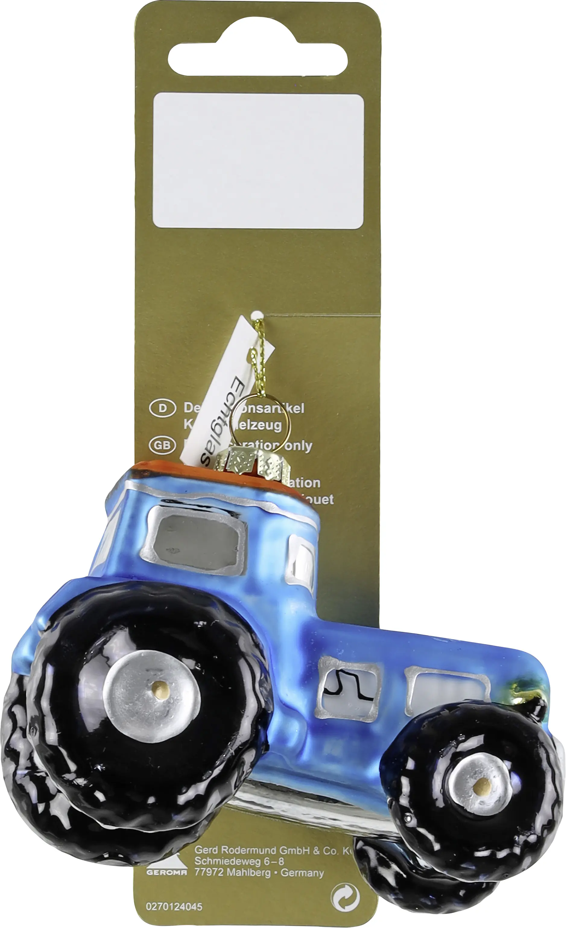 Weihnachtsanhänger Traktor aus Glas 9,3 x 6,5 cm blau