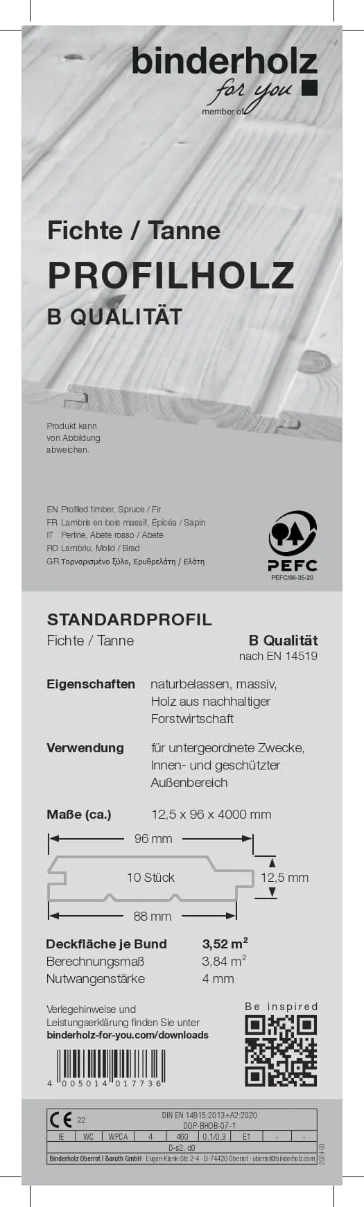 Profilholz Fichte B-Sortierung 400 x 9,6 cm 12,5 mm