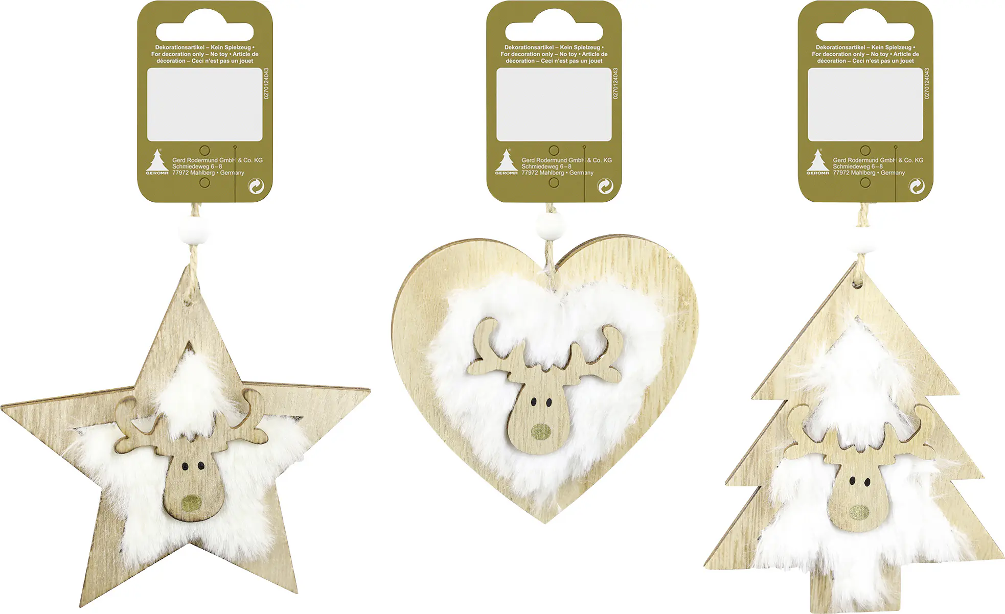 Dekohänger Weihnachten mit Fell Holz 10 cm natur-weiß 3-fach sortiert