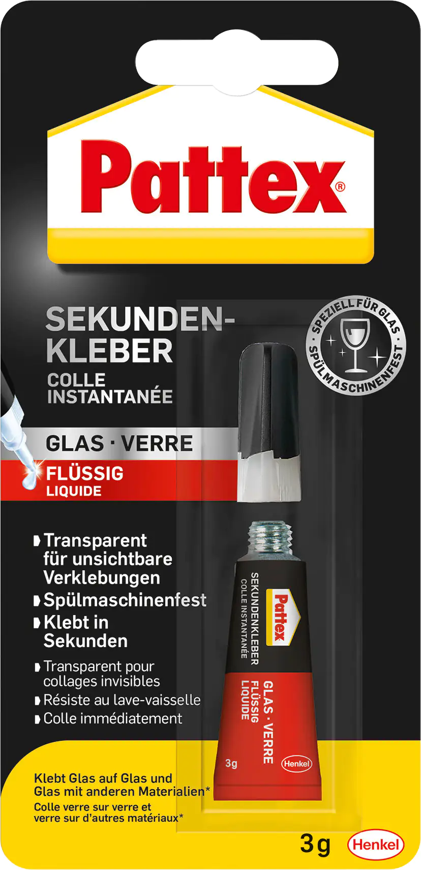 Pattex Sekundenkleber Glas Flüssig 3 g Tube, trocknet transparent