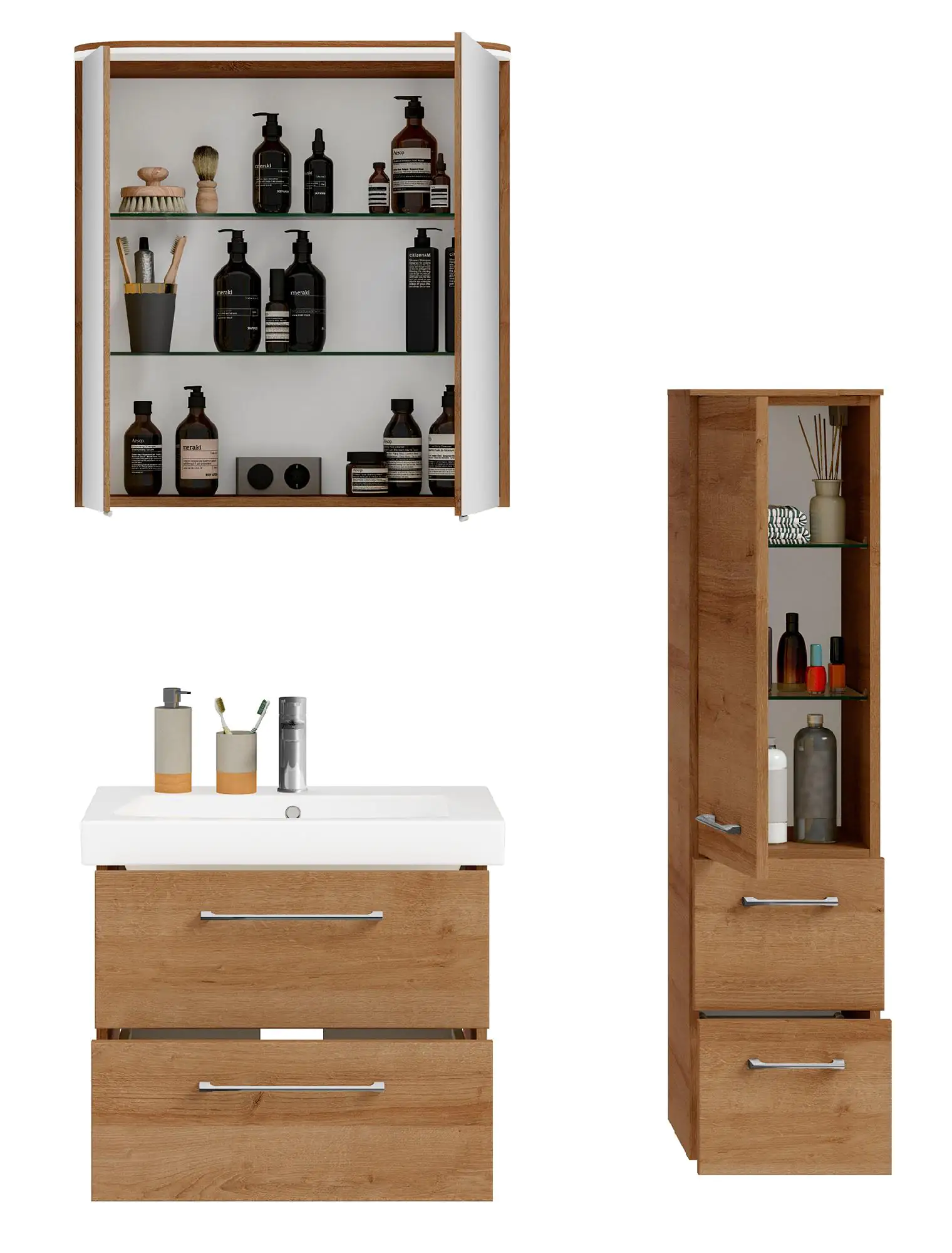 Pelipal Badmöbel-Set Riviera Eiche quer mit Kranz-Leuchte + Midischrank 100 cm Pelipal Badmöbel-Set Riviera Eiche quer mit Kranz-Leuchte + Midischrank 100 cm