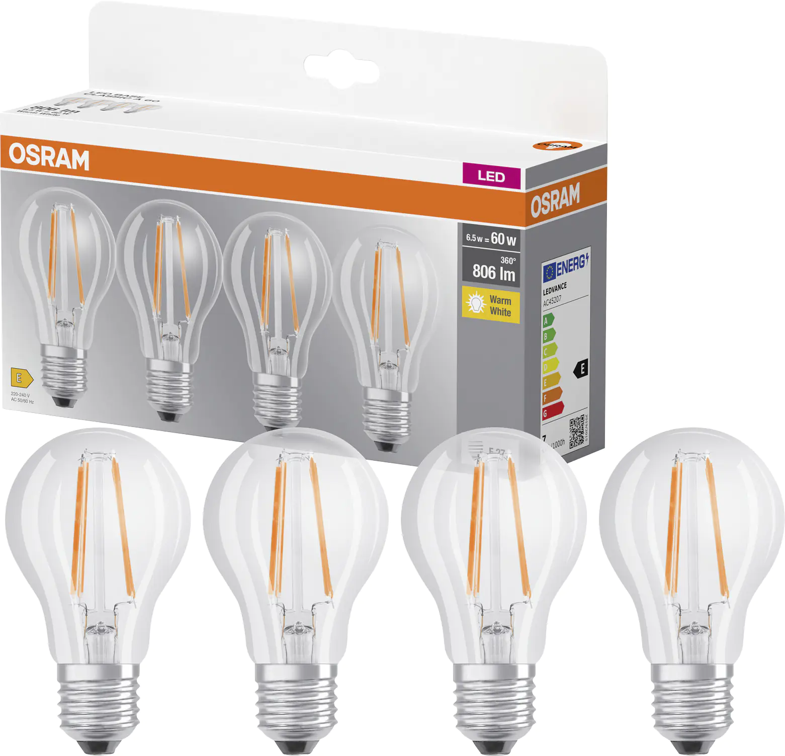 Osram LED Leuchtmittel Base Klassik A60 6,5W, 806lm, 2700K, warmweiß, 4er Pack