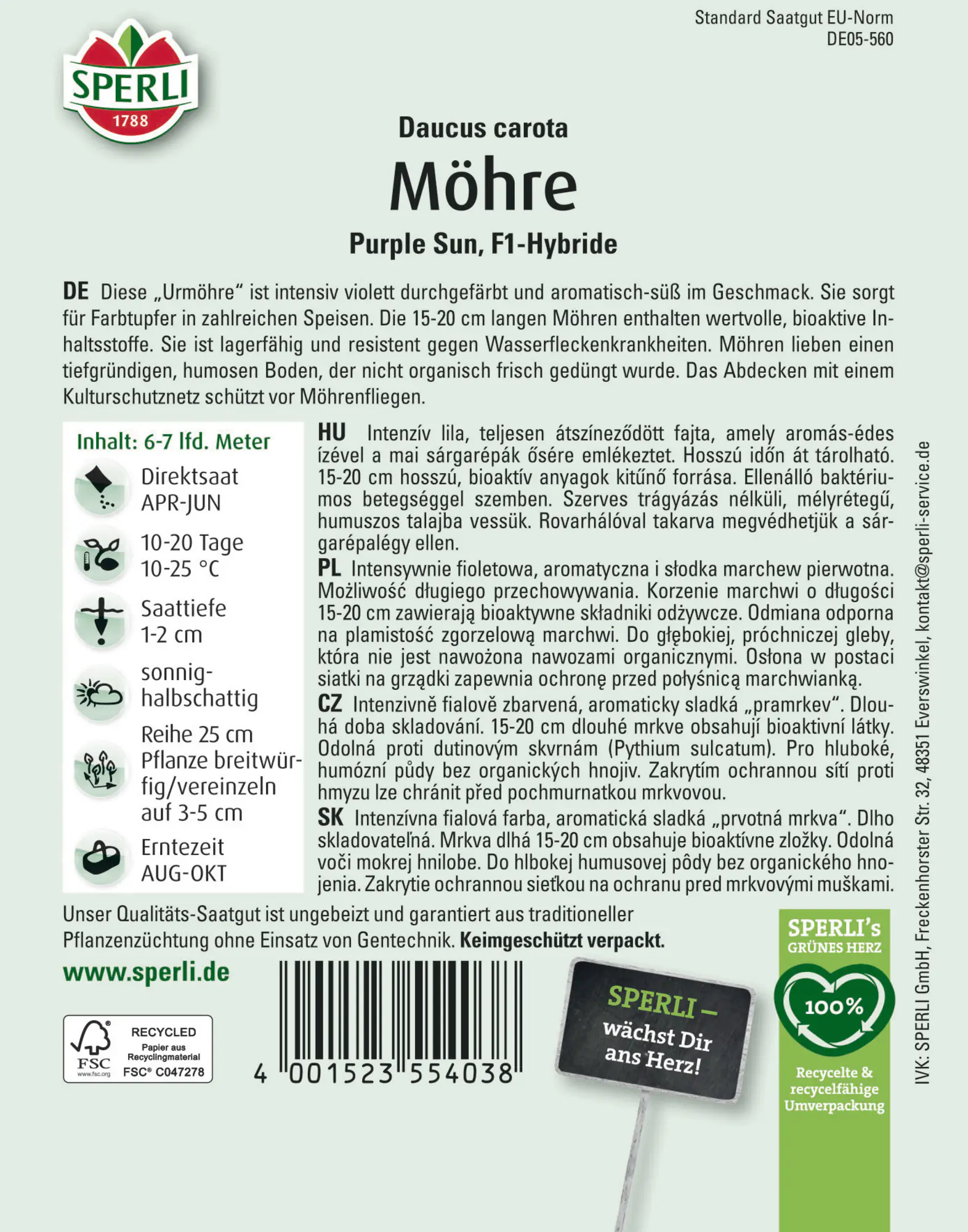 Sperli Saatgut Möhren Purple Sun F1 für ca. 1,5 – 2,1 m²
