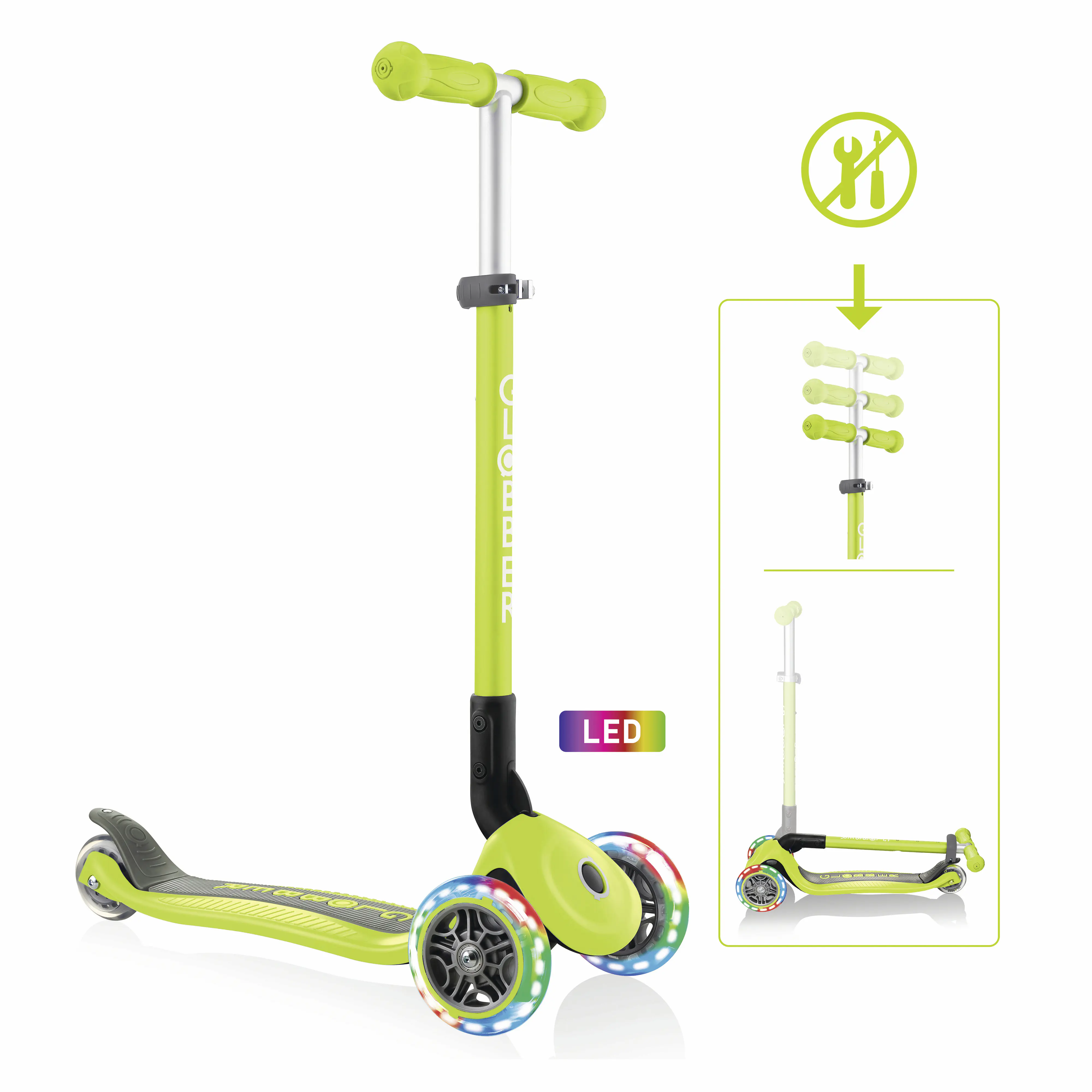 Globber Scooter Primo Foldable lime grün mit Leuchtrollen