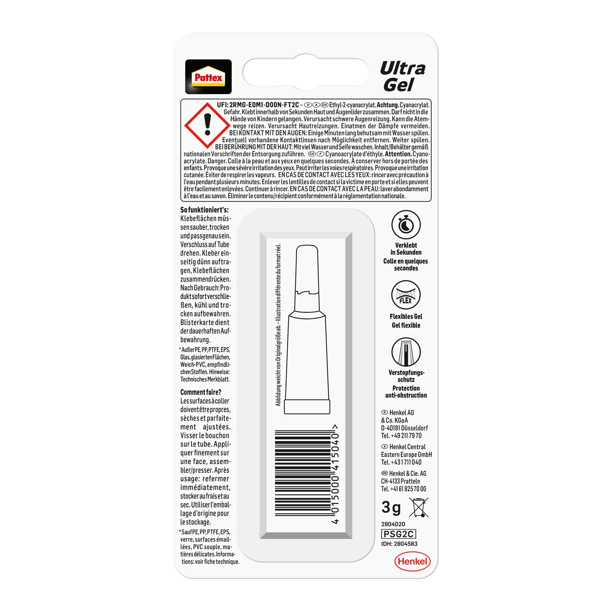 Pattex Sekundenkleber Ultra Gel 3 g Tube, farblos Pattex Sekundenkleber Ultra Gel 3 g Tube, farblos