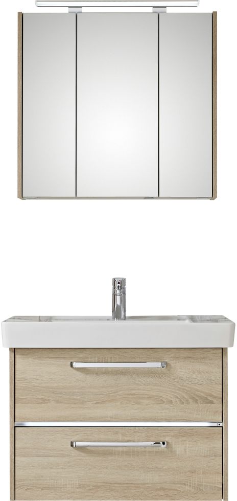 Primaster Badmöbelset Berlin eiche 80 cm LED-Leuchten, Keramikwaschtisch