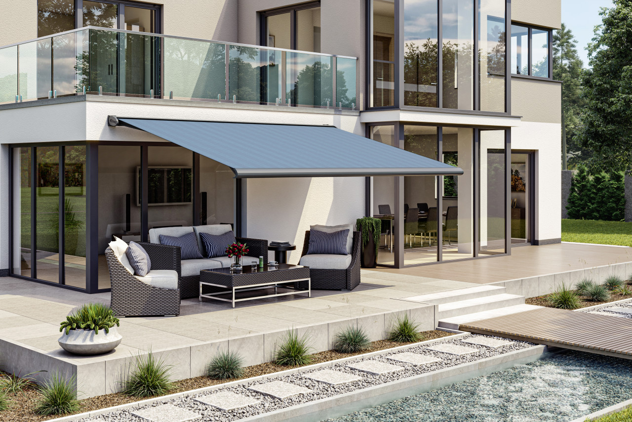 Kassettenmarkise S-Compact blau-schwarz gestreift inkl. Motor, Aufputzschalter