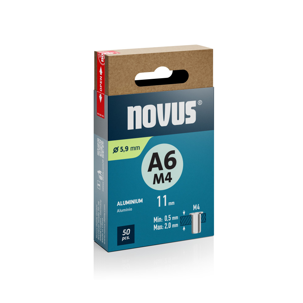 Novus Blindnietmuttern Typ M4 x 11 mm Aluminium Nietmutter 50 Stück