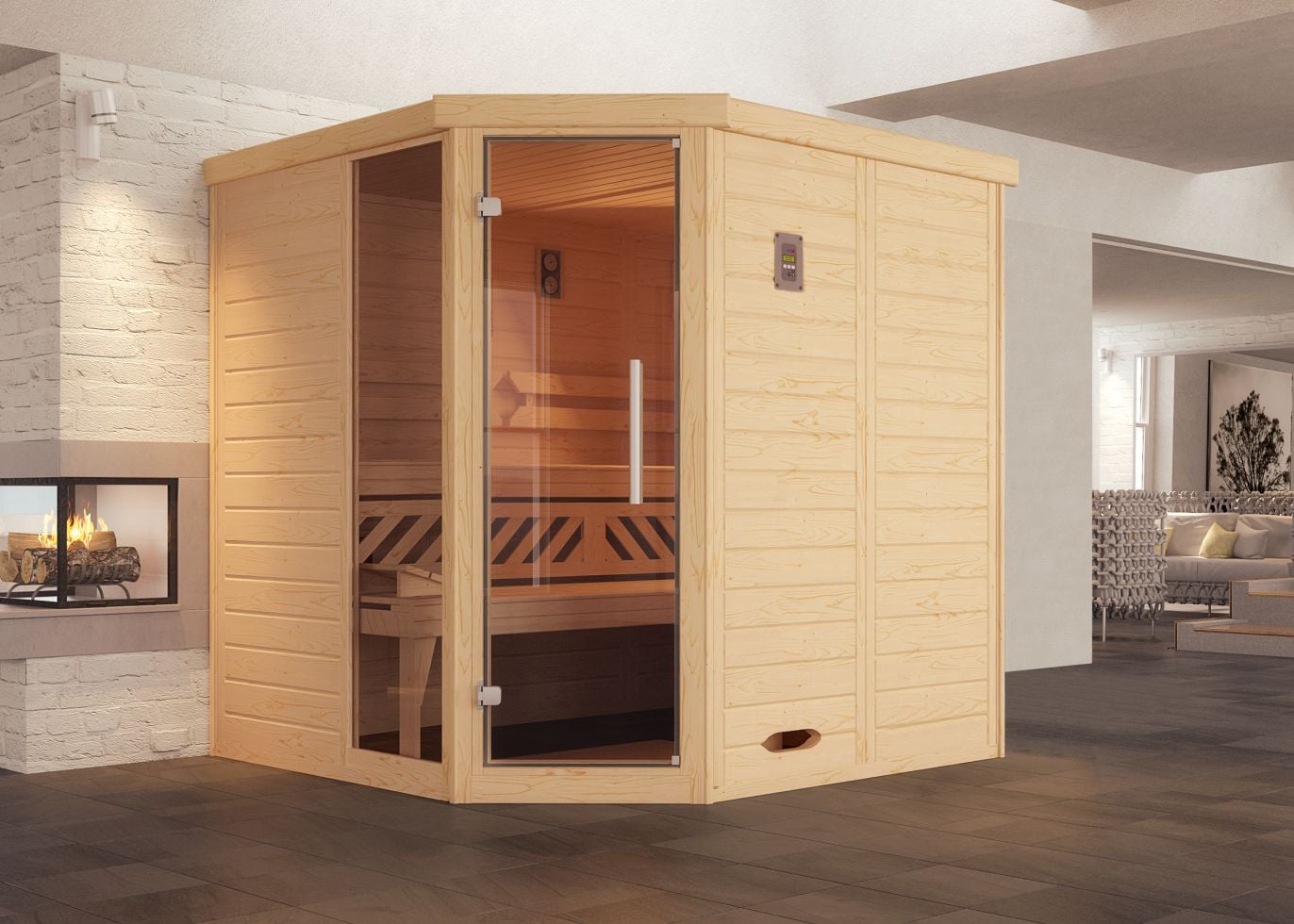 Weka Massivholz-Eck-Sauna Kemi Eck 1 mit Glastür/Fenster