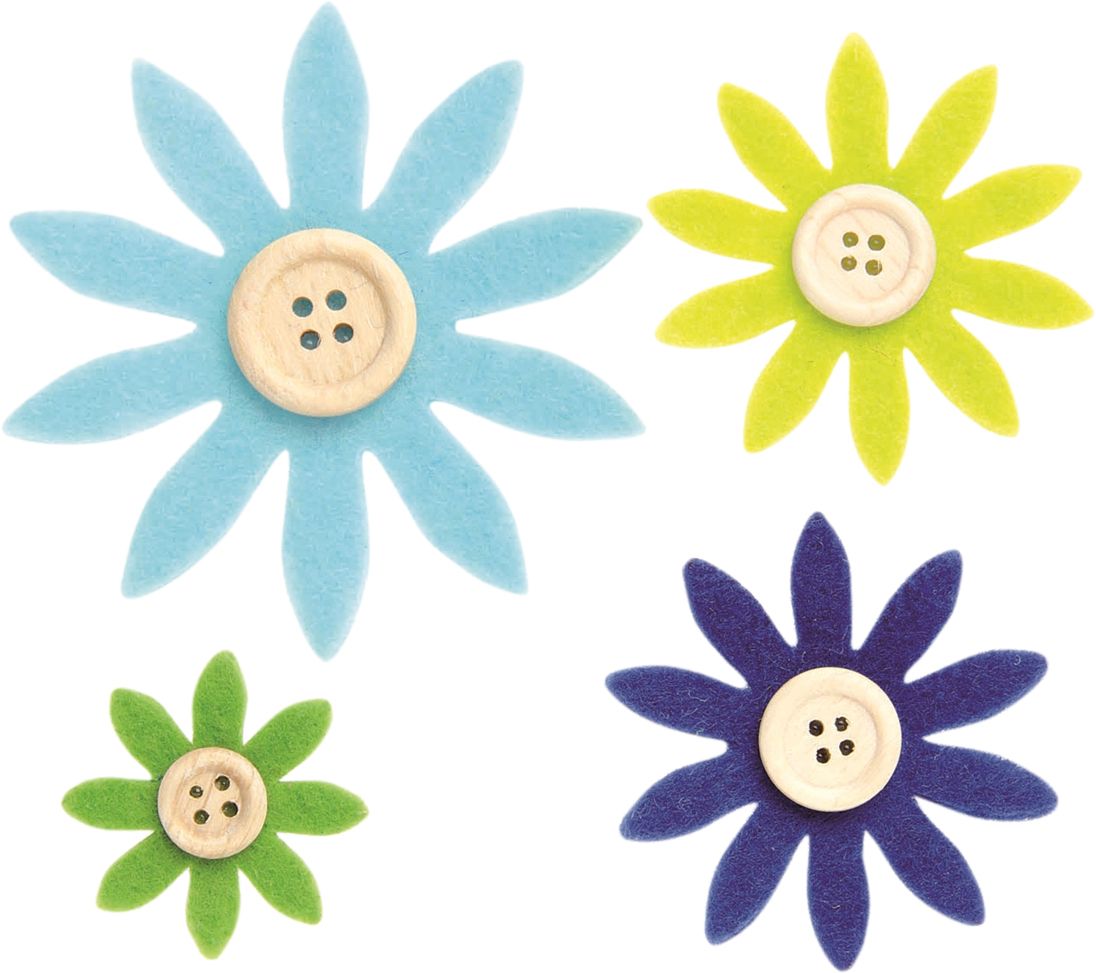 Glorex Filzblumen 12 Stück, 3,5 - 7 cm, hellblau, dunkelblau, grün GLO663051653