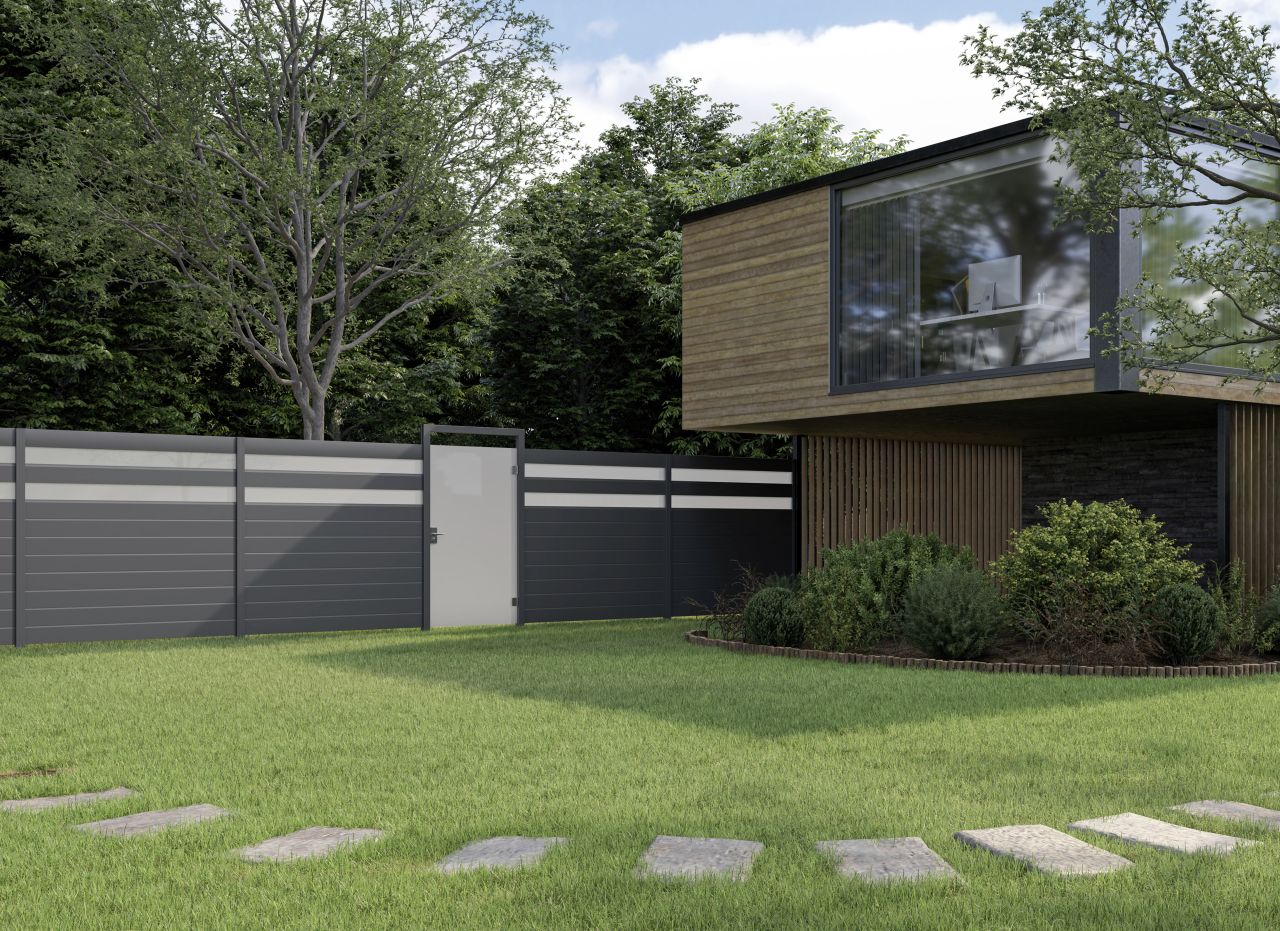 Ambiente Alu-Zaun Paneel 150 + ESG 8 mm 180 cm x 180 cm 22 mm stark