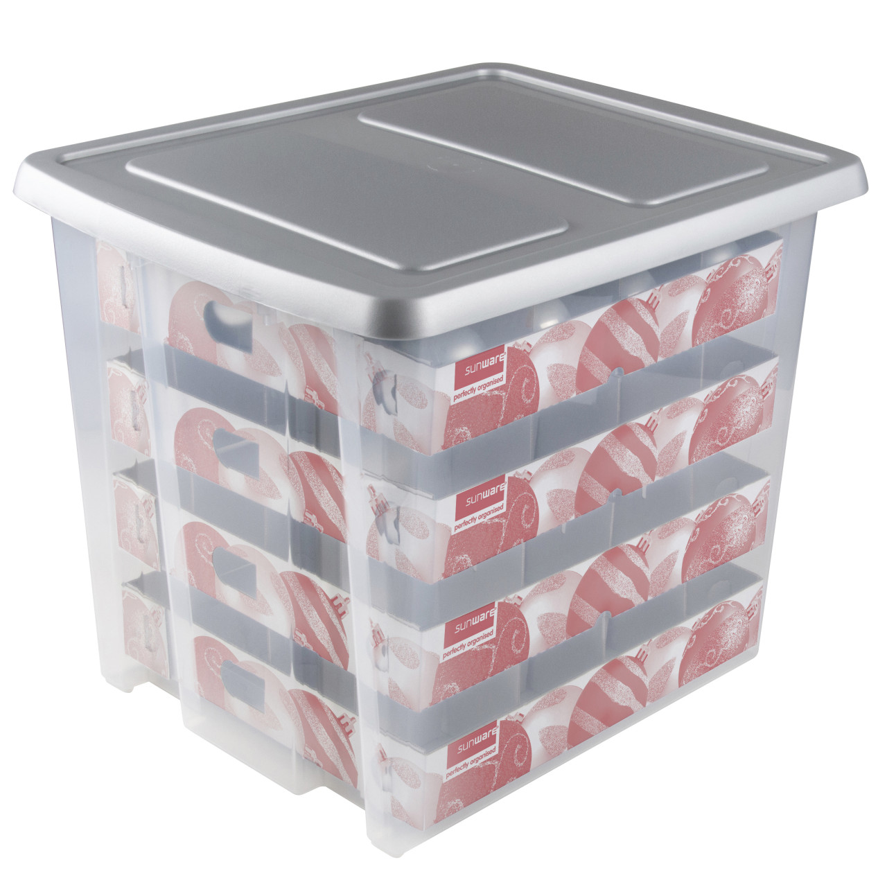 Sunware Weihnachtsbox Nesta 45L mit Einsatz für 64 Kugeln transparent grau