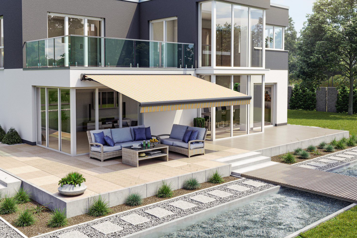 Wismar Halbkassettenmarkise gelb-grau gestreift