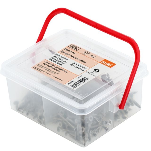 Suki Holzbauschrauben im Eimer PZ 2 Edelstahl A2 260 teilig GLO763026646