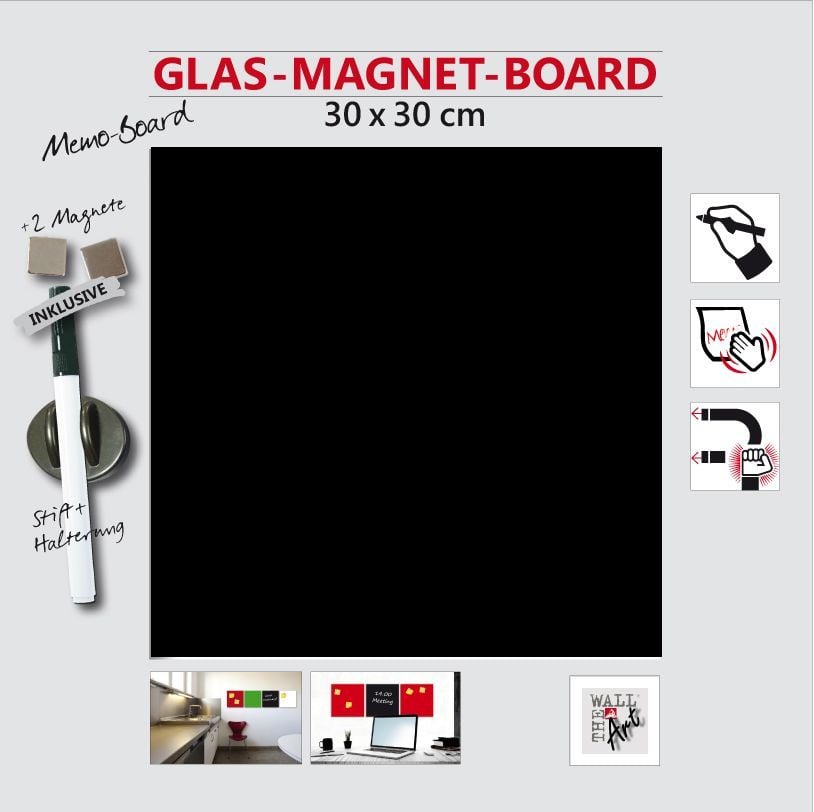 Glas-Magnetboard schwarz, 30 x 30 cm