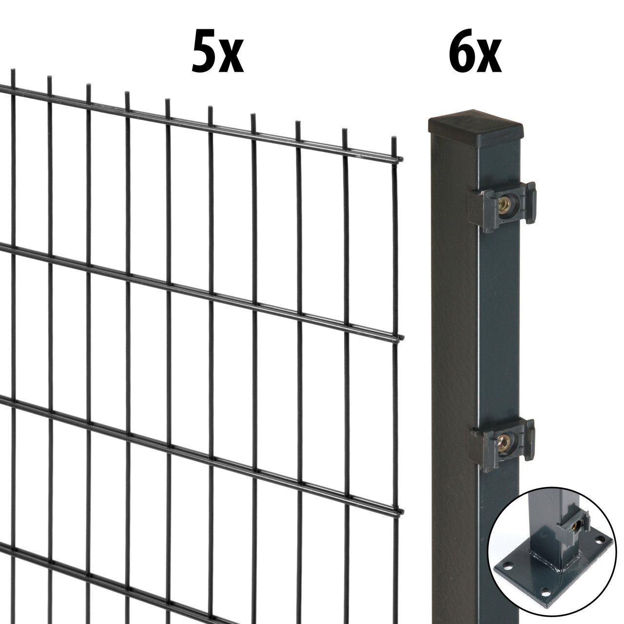Floraworld Doppelstabmatten-Zaun Set Comfort 10 m 201 x 83 cm mit Bodenplatte inkl. 6 Pfosten 89 cm anthrazit