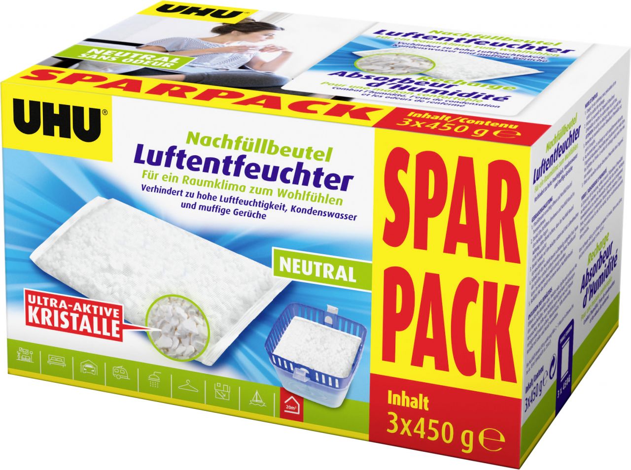 UHU Luftentfeuchter Nachfüllbeutel Sparpack, 3 x 450 g GLO765550093