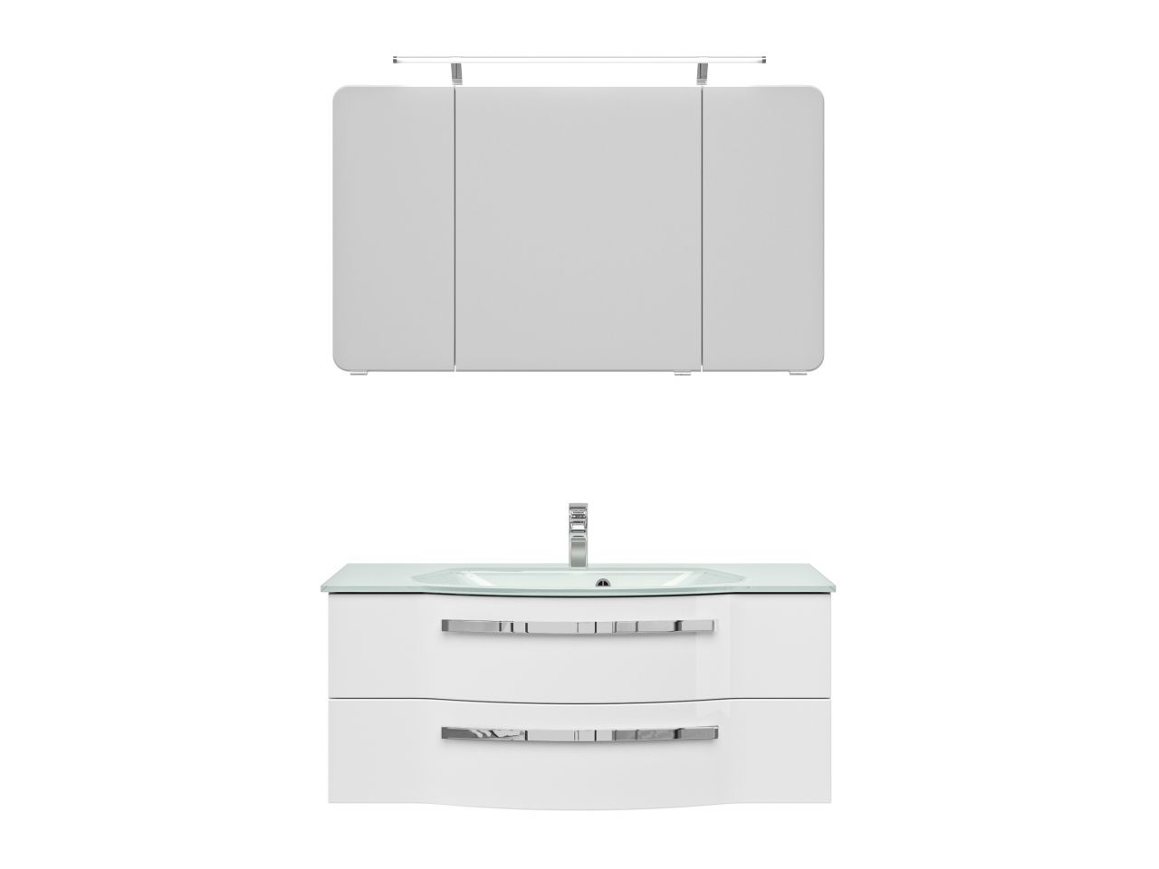 Pelipal Badmöbel-Set 4005 Lack polarweiß Hgl mit Glas-Waschtisch + LED-Leuchte 120 cm