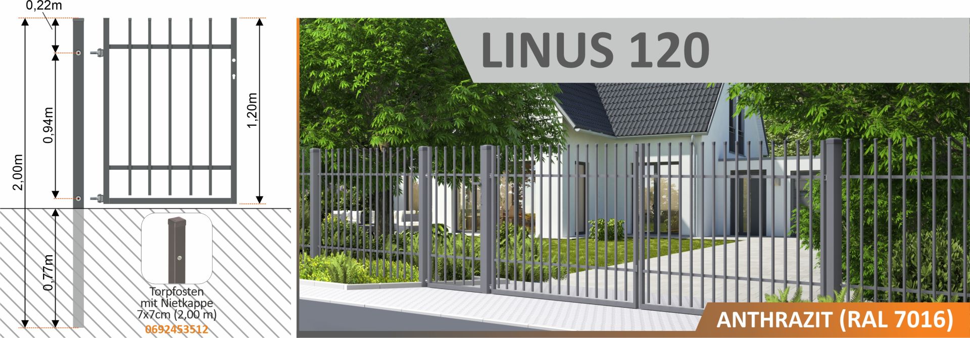 Polbram Zaunfeld Linus 120 200 x 120 cm, RALFarbe 7016 kaufen Globus