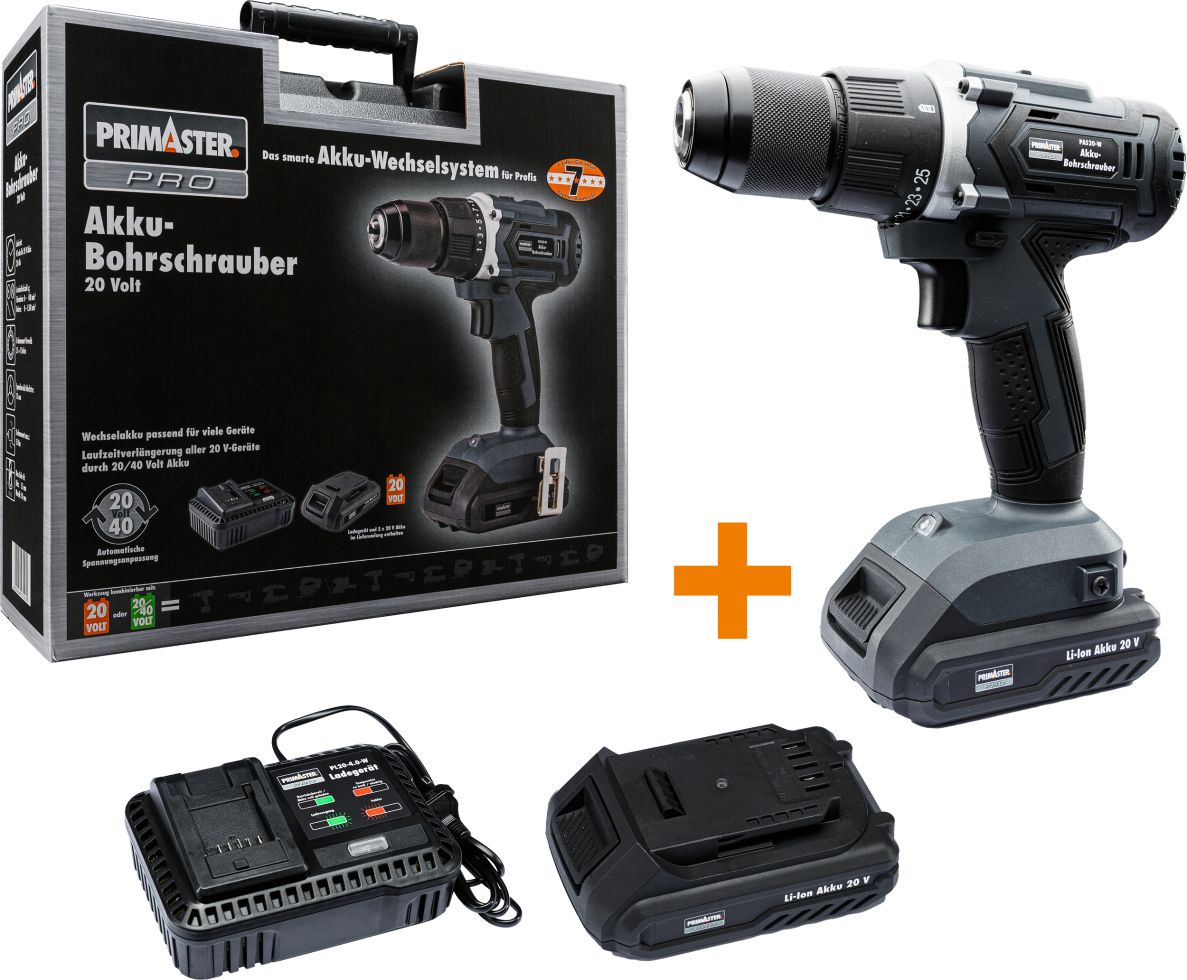 Primaster Pro AkkuBohrschrauber PAS20W 20 V mit 2 Akkus und Ladegerät