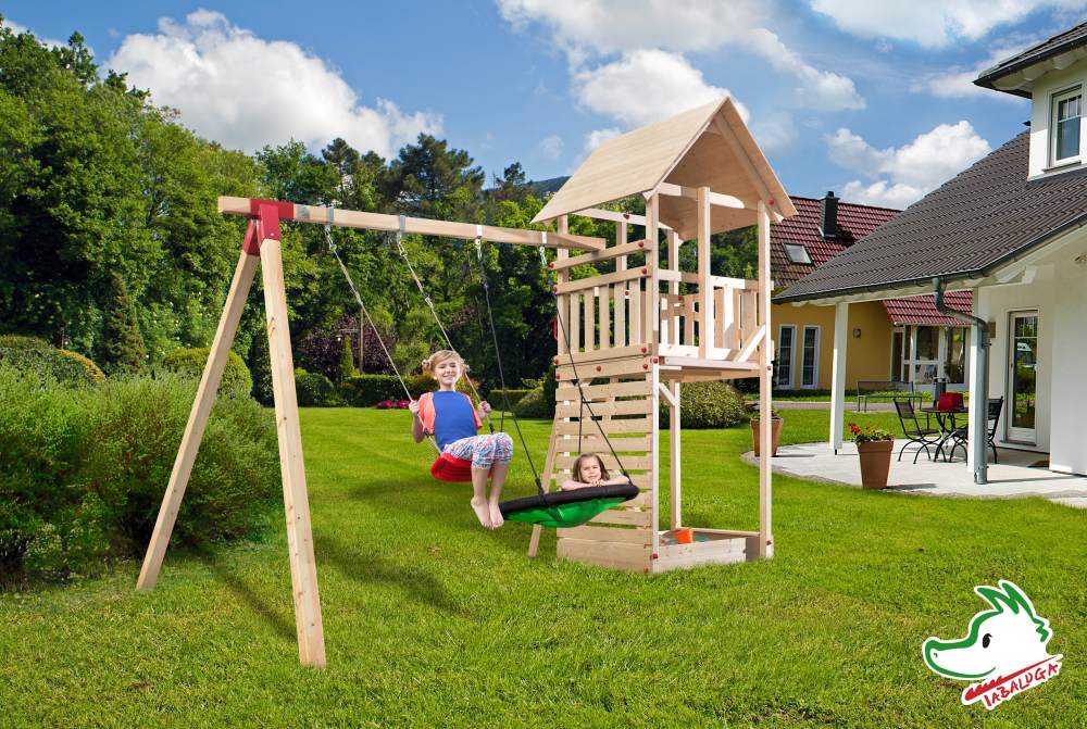 Weka Spielturm Tabaluga 405 x 290 x 331 cm mit Schaukel, Sandkasten, Schaukelnetz GLO784203685