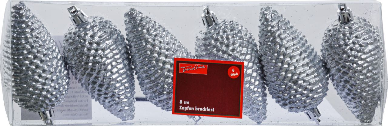 Trendline Weihnachtskugeln Zapfen bruchfest, langlebig 8 cm silber 6 Stück