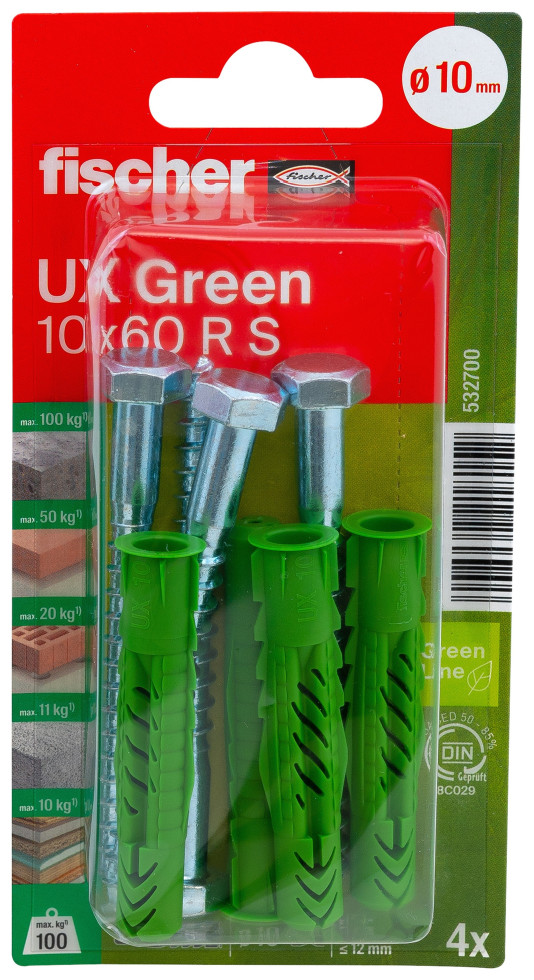 Fischer Universaldübel UX Green R S 10 x 60 mm mit Rand & Schraube - 4 Stück