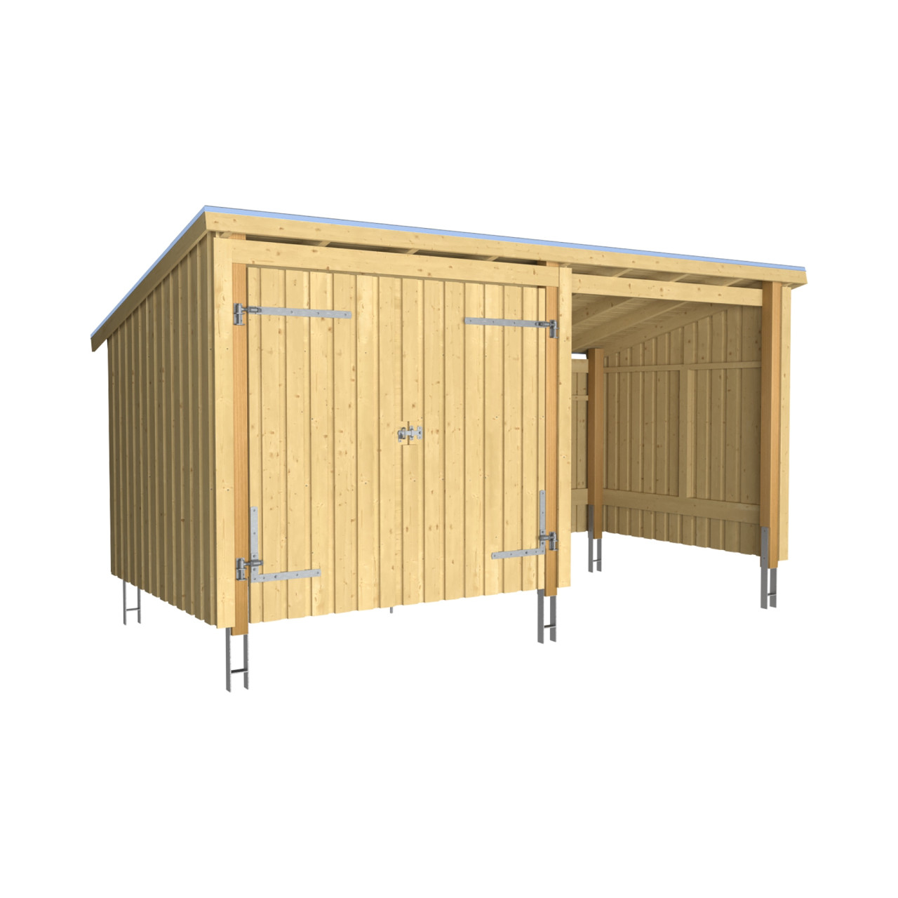 Plus Gartenhaus Nordic Multi 416 x 208 cm natur mit Doppeltür, offen, Dachpappe, H-Anker