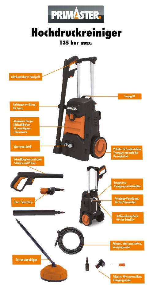 Primaster Hochdruckreiniger 3 In 1 Duse Verstellen Primaster Hochdruckreiniger PHB135 1800 W 135 bar 420 l/h kaufen