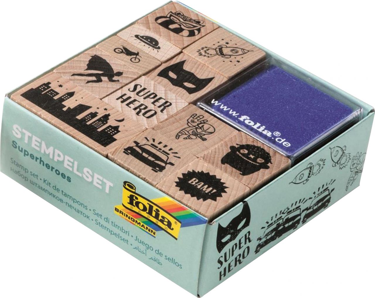 Glorex Holzstempel-Set Superheros 12 Stempel + 2 Kissen GLO663305473