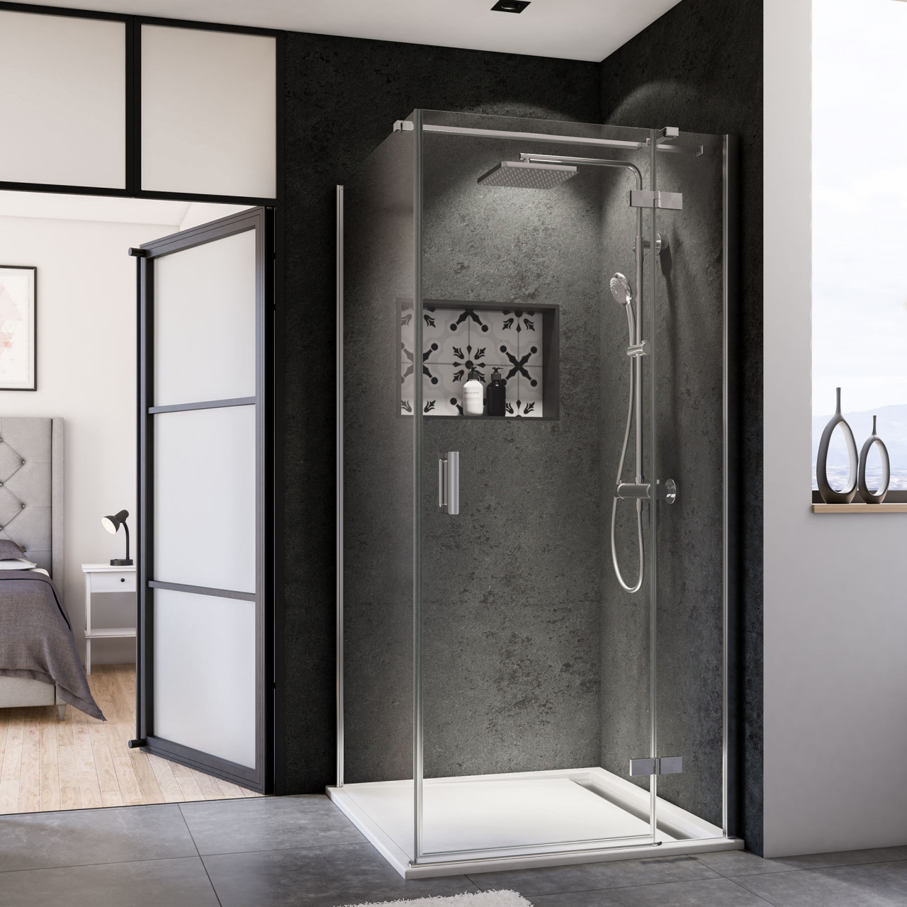 Breuer Panorama Drehtür + Festteil f. Seitenwand re 90 x 200 cm