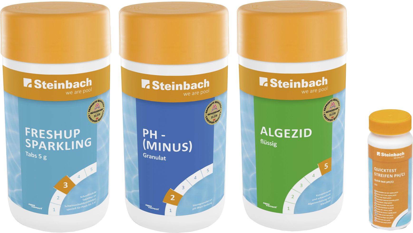 Steinbach Poolpflege Chlor Starterset 3x Poolpflege + Quickteststreifen