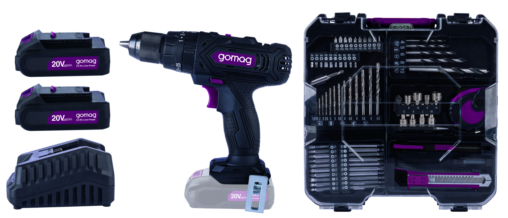 Gomag Akku-Schlagbohrschrauber-Set GO-CSK74/2 20 V Mobile Werkstatt 2 Akkus & Ladegerät